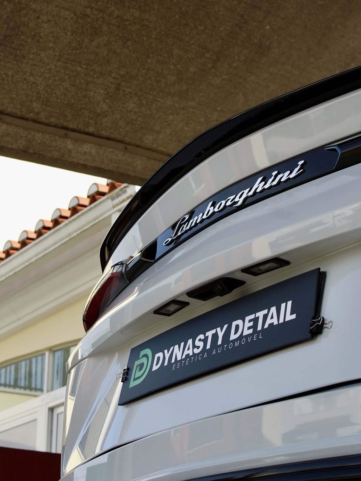 Traseira de Lamborghini branco com matrícula personalizada Dynasty Detail